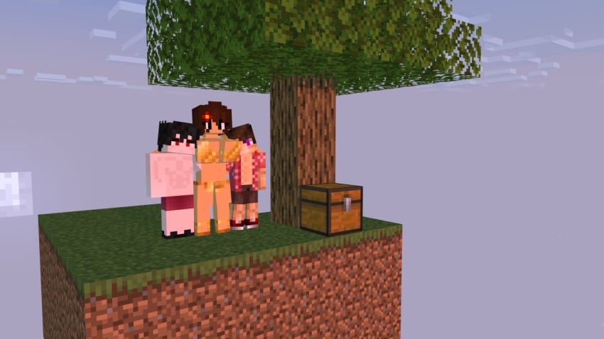 1girls 2boys age_difference ass_grab big_breasts bikini brown_hair head_on_breasts huge_breasts milf mine-imator minecraft muscular muscular_male no_dialogue purple_eyes red_eyes skyblock smaller_male tall_female taller_girl trio trio_focus yellow_bikini_shorts