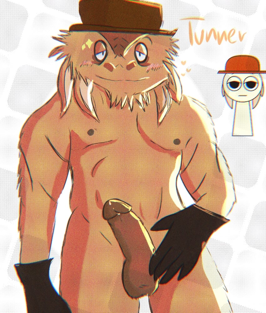 anthro anthrofied big_penis blush blushing_at_viewer cock cowboy cowboy_hat dragon fluffy fur gloves lizard looking_at_viewer male male_only naked non-human penis scalie showing_off sprunki standing tunner_(sprunki)