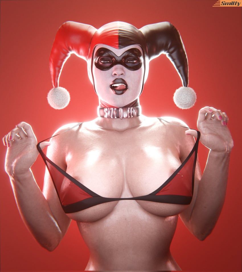 1girls 3d 3d_(artwork) areolae areolae_slip artist_name bare_shoulders batman:_arkham_knight batman_(series) bikini bikini_top bikini_top_pull black_lipstick black_mask blue_eyes breasts clothes_pull collarbone curvaceous curvy curvy_female curvy_figure dc dc_comics domino_mask english_text facepaint female female_only harley_quinn harley_quinn_(classic) harley_quinn_(injustice) hourglass_figure injustice_2 jester_cap large_breasts licking licking_lips licking_own_lips light-skinned_female light_skin lipstick looking_at_viewer makeup masked masked_female mature_female nail_polish narrow_waist nipple_piercing open_mouth piercing pink_nails pulled_by_self pulling_bikini_string pulling_own_clothes red_bikini_top see-through simple_background slim_waist smitty34 solo swimsuit text text_on_collar thick_lips upper_body white_facepaint