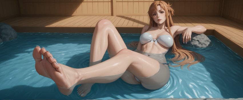 1girls ai_generated barefoot bcilyg bikini onsen pool sword_art_online yuuki_asuna