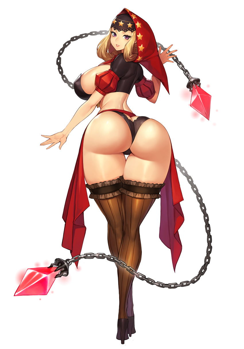 ass blonde_hair blush breasts chains cloak female female_focus female_only gurimjang high_heels highres hood jewelry large_breasts looking_at_viewer looking_back odin_sphere open_mouth purple_eyes red_hood revealing_clothes ring solo standing star_(symbol) stockings thick_thighs velvet_(odin_sphere) wide_hips