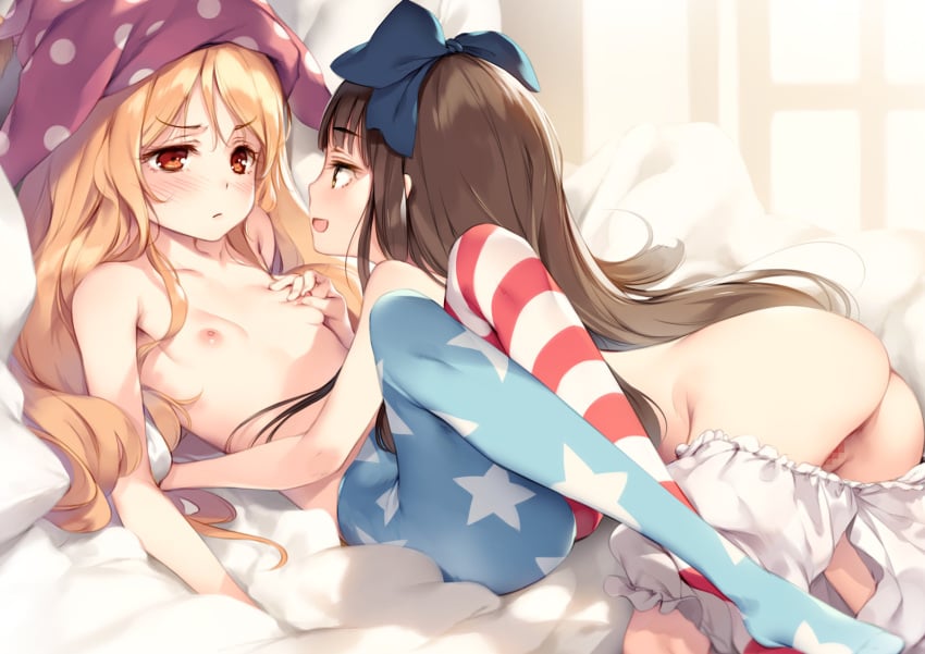 2girls american_flag american_flag_legwear ass blonde_hair bloomers bloomers_(victorian) blush bow breast_grab breasts brown_hair censored clownpiece female hat headgear ke-ta long_hair multiple_girls nipples orange_eyes pantyhose pussy star_sapphire_(touhou) topless touhou yellow_eyes yuri