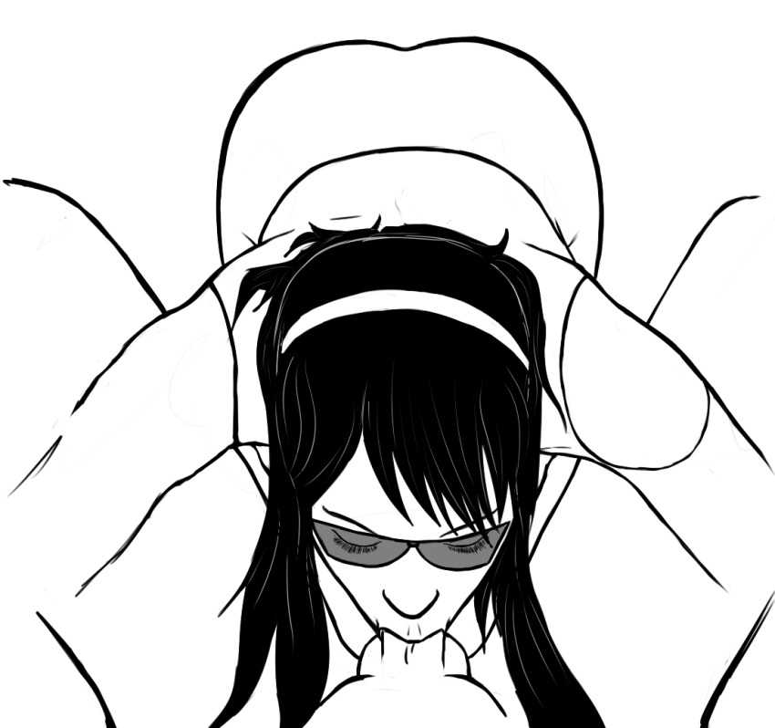 black_hair closed_eyes deepthroat fellatio female greyscale hair hawkeye headband kate_bishop marvel monochrome oral penis sunglasses young_avengers