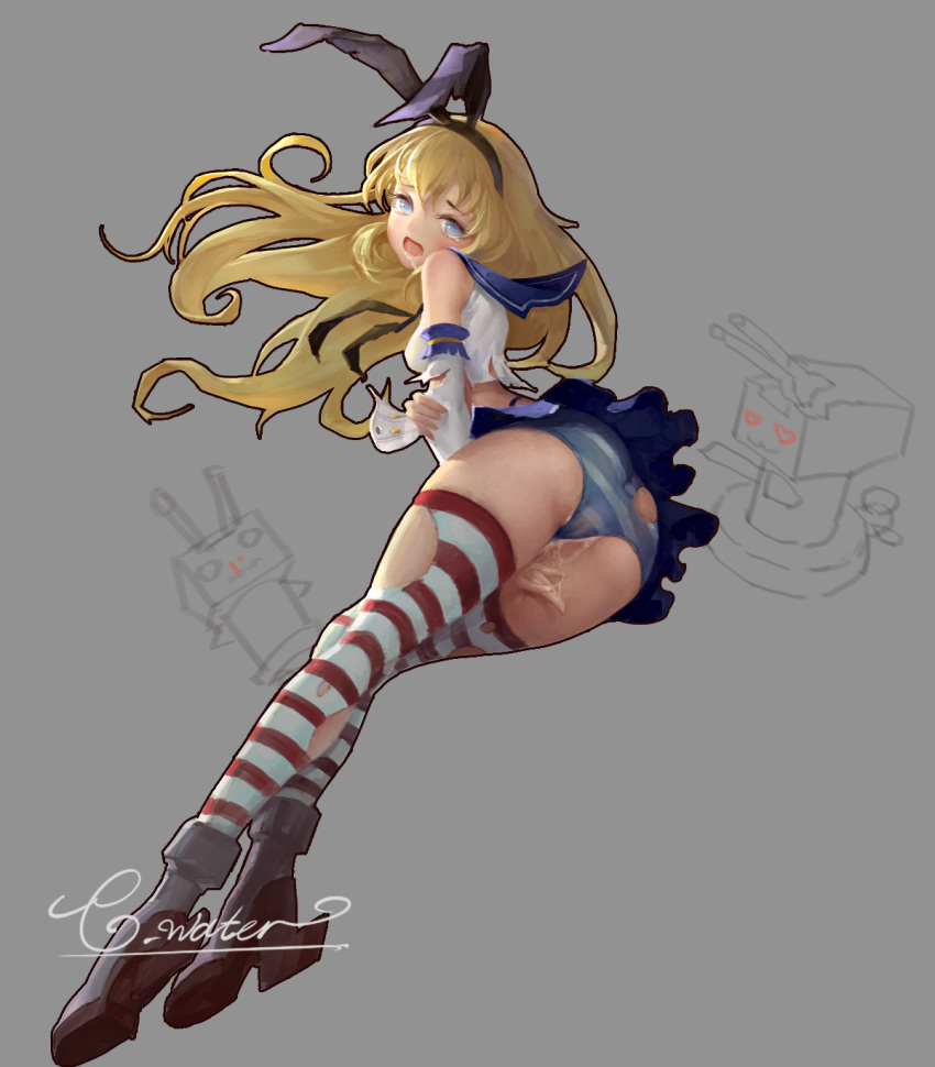 animal_ears blonde_hair blue_eyes bunny_ears clear_water_(artist) cum cum_in_mouth female highres kantai_collection long_hair miniskirt panties pleated_skirt pussy_juice rudder_shoes sailor_collar saliva shimakaze_(kantai_collection) skirt striped striped_legwear striped_panties thighhighs torn_clothes underwear unfinished