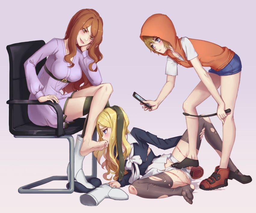 3girls age_difference ankle_socks anklehighs black_socks blonde_hair blue_eyes blush boots brown_eyes brown_hair dress female female_footjob footbang footjob frenda_seivelun hoodie kinuhata_saiai long_hair mool_yueguang mugino_shizuri multiple_girls older_female panties phone pussy_juice pussy_juice_on_feet short_hair shorts skirt socks teenage_girl teenage_girl_and_younger_girl teenager thigh_socks thighhighs to_aru_kagaku_no_railgun to_aru_majutsu_no_index torn_clothes underwear young younger_female yuri