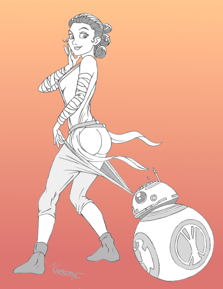 ass assisted_exposure astromech_droid bb-8 coppertone droid rey sideboob star_wars the_force_awakens