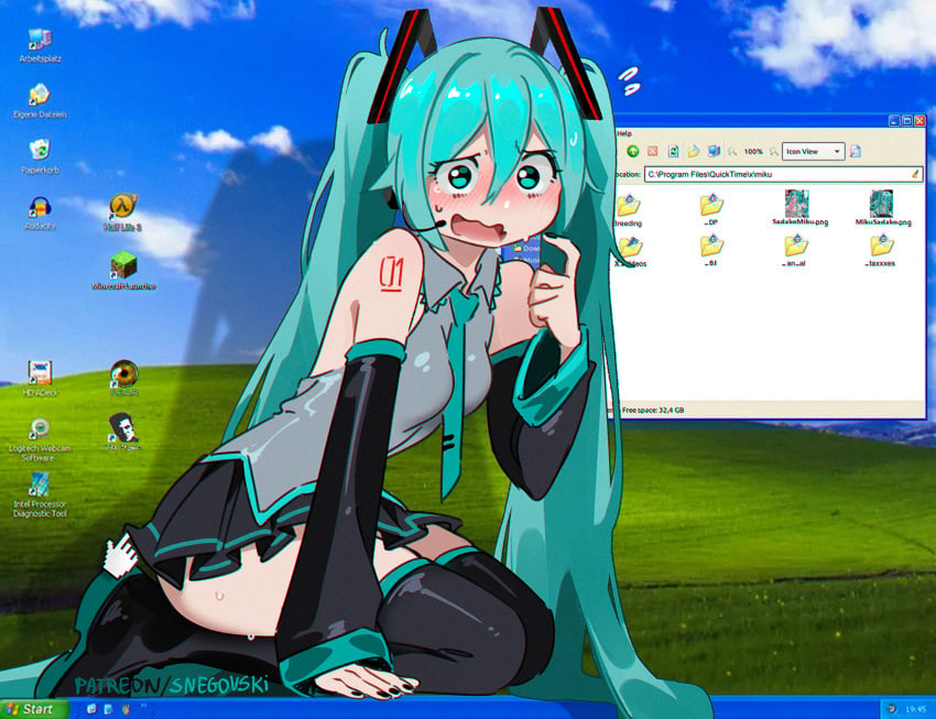 aqua_eyes aqua_hair aqua_necktie arm_tattoo audacity black_footwear black_nails black_skirt black_sleeves blush boots cursor desktop_(computing) detached_sleeves f.e.a.r. fellatio female flying_sweatdrops grey_shirt half-life_(series) half-life_3 hatsune_miku highres icon_(computing) long_hair max_payne_(series) microsoft_windows minecraft necktie number_tattoo open_mouth oral pointing pointing_at_self shirt skirt snegovski solo sweat taskbar tattoo thigh_boots twintails very_long_hair vocaloid window_(computing) windows_logo windows_xp