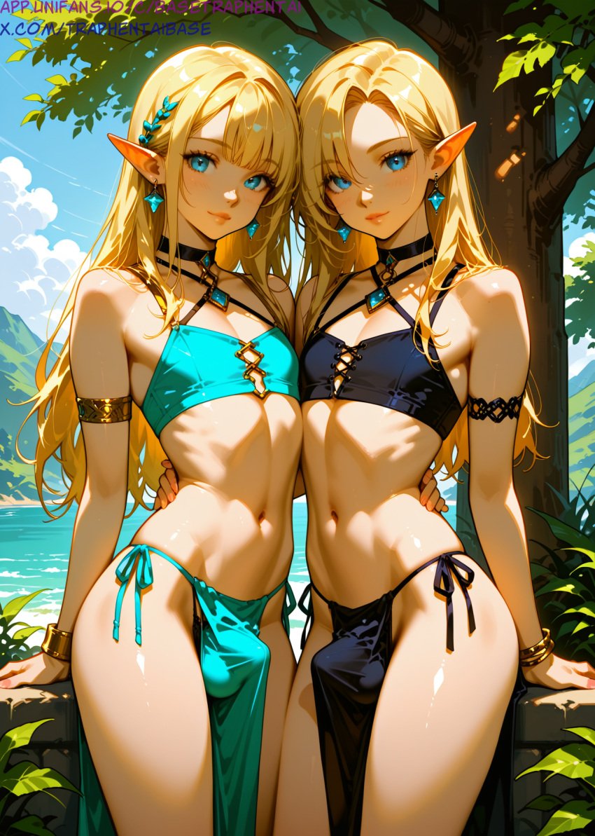 2boys 2femboys ai_generated basehentaiai collar elf femboy otoko_no_ko trap yaoi