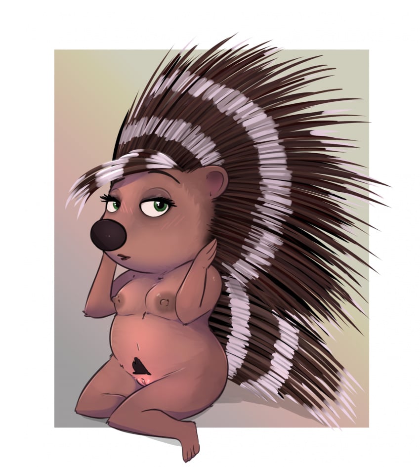 2024 anthro becky_(sing) bedroom_eyes breasts brown_body brown_fur brown_nipples female front_view full-length_portrait fur genitals green_eyes hi_res illumination_entertainment looking_at_viewer mammal narrowed_eyes nipples noodlestoat nude nude_anthro nude_female porcupine portrait pubes pussy quills_(anatomy) rodent seductive sing_(movie) sitting solo