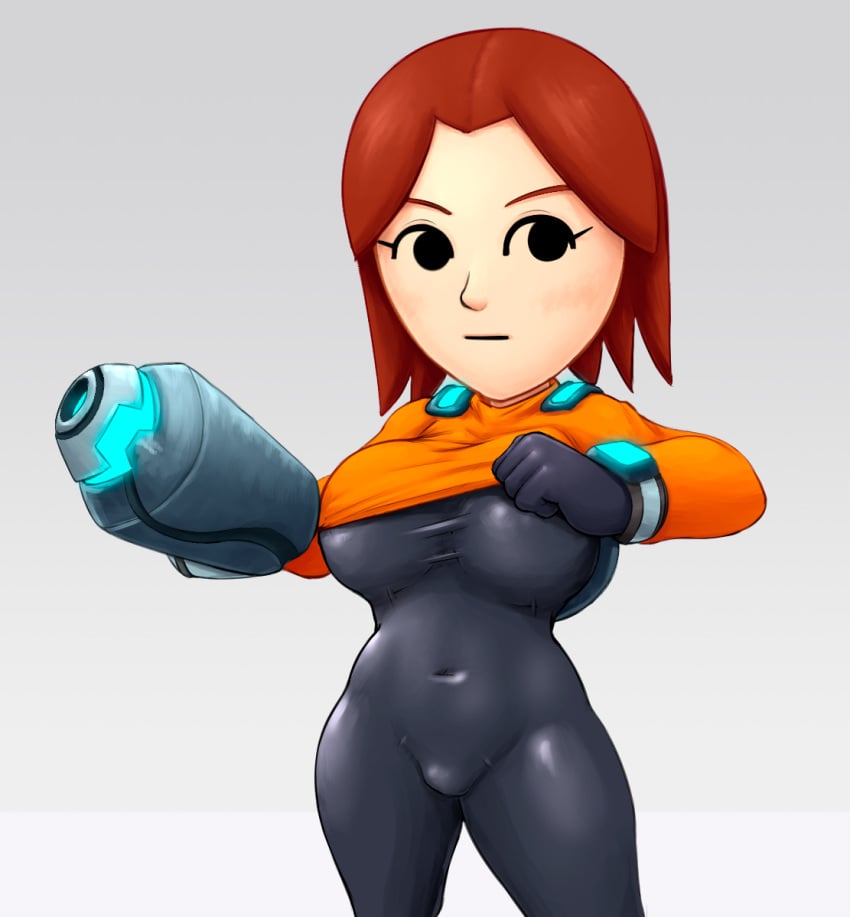 1girls arm_cannon big_breasts bodysuit breasts brown_hair cameltoe cowboy_shot expressionless female female_only gloves grey_background grey_impact lifted_by_self looking_to_the_side mii mii_gunner mii_gunner_(smash_4) mob_face navel nintendo nipples orange_hair orange_shirt orange_sweater png shirt_lift shortstack skin_tight solo solo_focus super_smash_bros. super_smash_bros._for_nintendo_3ds_and_wii_u thick thick_thighs wide_hips