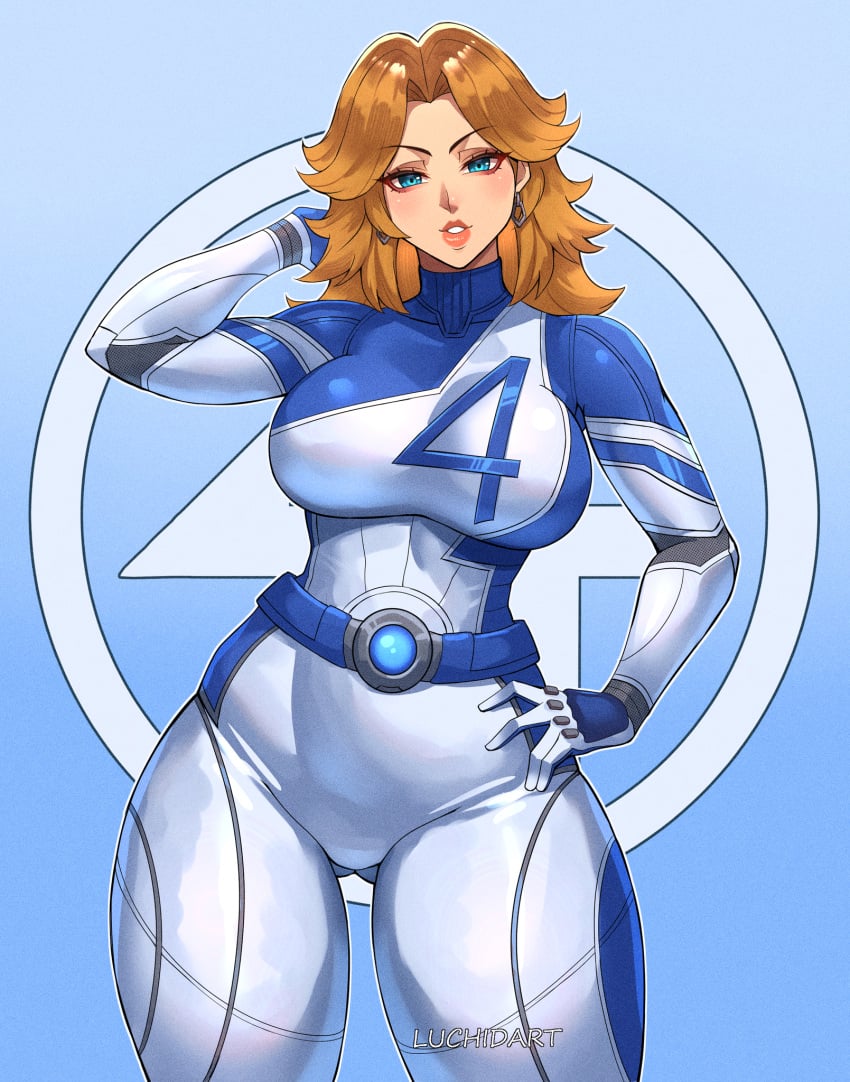 1girls 2d big_breasts blonde_hair blue_eyes bodysuit clothed_female curvy curvy_female earrings fantastic_four female female female_only fully_clothed hand_behind_head hand_on_hip invisible_woman invisible_woman_(marvel_rivals) light-skinned_female light_skin looking_at_viewer luchidart marvel marvel_rivals solo solo_female standing sue_storm tagme