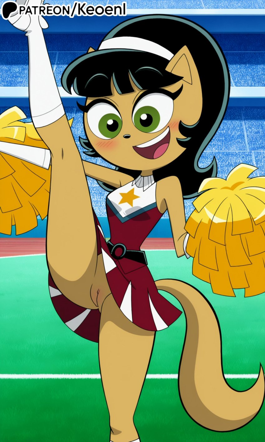 1furry 1girls accurate_art_style ai_generated anthro bangs big_breasts blush bottomless_female bottomless_skirt cat_ears cat_tail catgirl cheerleader cheerleader_uniform feline female freckles furry green_eyes happy hi_res hourglass_figure keoenl kitty_katswell legs_up medium_breasts nickelodeon nicktoons patreon pom_poms ponytail public public_nudity pussy pussy_lips pussy_peek skirt socks t.u.f.f._puppy tail teeth thick_thighs thin_waist waist wide_hipsb