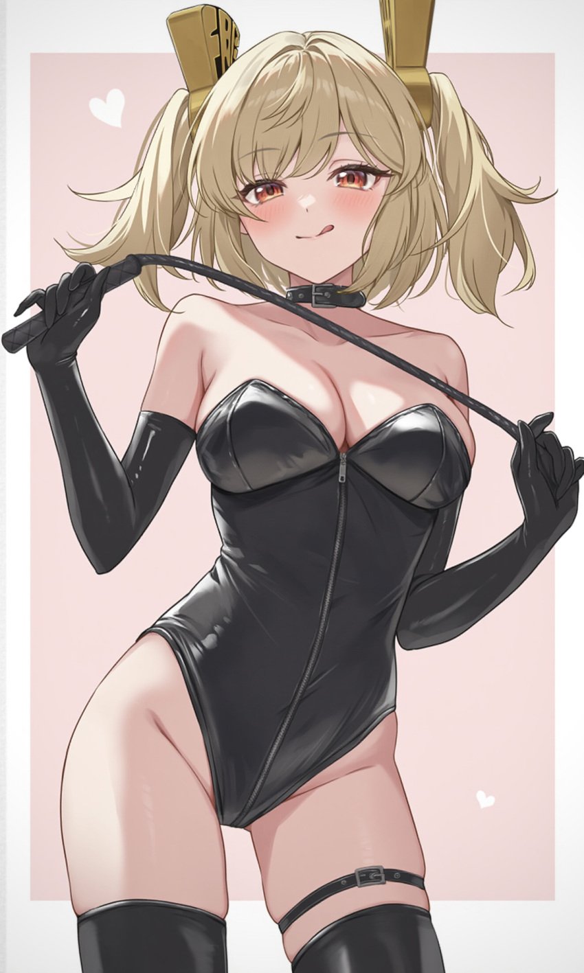 ai_generated blonde_hair breasts burnice_white choker dominant_female dominatrix femdom leotard licking_lips thick_thighs thighhighs thighs twintails whip zenless_zone_zero