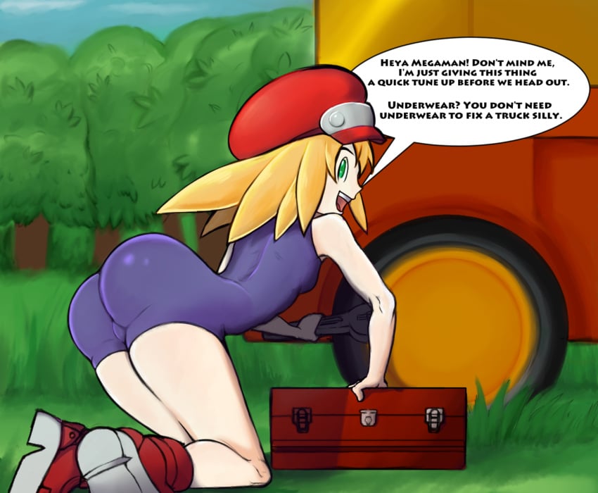 ass blonde_hair bodysuit capcom cheesyleaves dialogue english_text female hat mega_man mega_man_legends roll_caskett shoes small_breasts speech_bubble