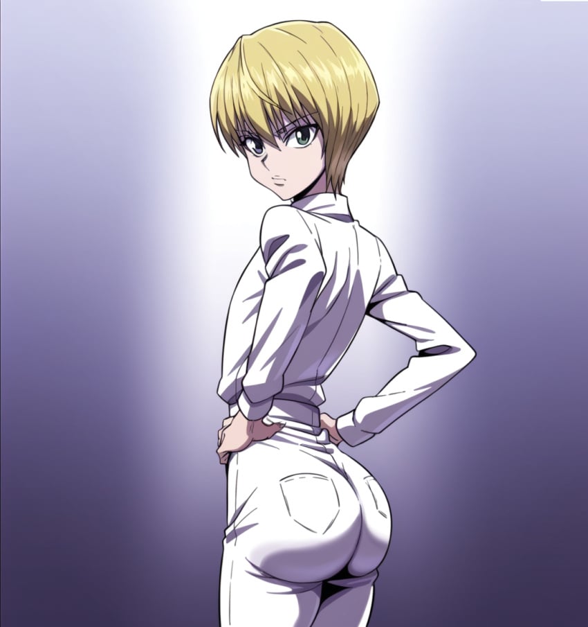 1boy ai_generated arched_back ass ass_focus femboy hunter_x_hunter kurapika looking_at_viewer pants papagaimon simple_background solo tight_fit trap white_background