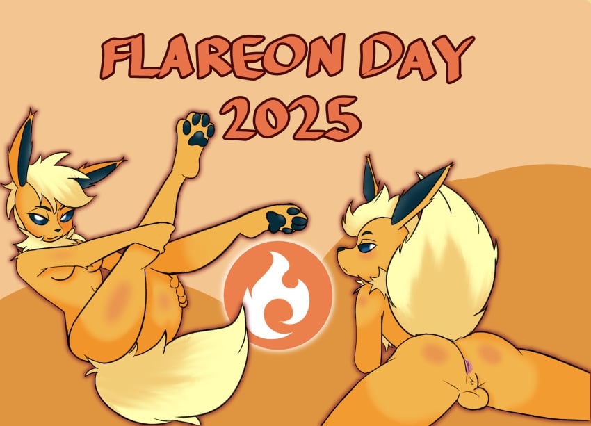 anthro anus ass backsack balls breasts cybeeyoru duo eeveelution feet female flareon flareon_day foot_focus fur generation_1_pokemon genitals hi_res holding_legs_up lying male male_focus nintendo on_front orange_body orange_fur pawpads paws pokemon pokemon_(species) rear_view shiny_pokemon sitting solo tail yellow_body yellow_fur