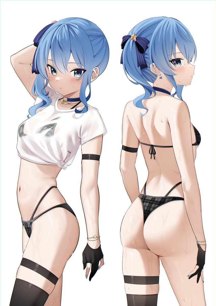 1girls ass back bikini blue_hair gloves hair_ornament hololive hololive_gen_0 hololive_japan hoshimachi_suisei raikkonen small_breasts wet_t-shirt