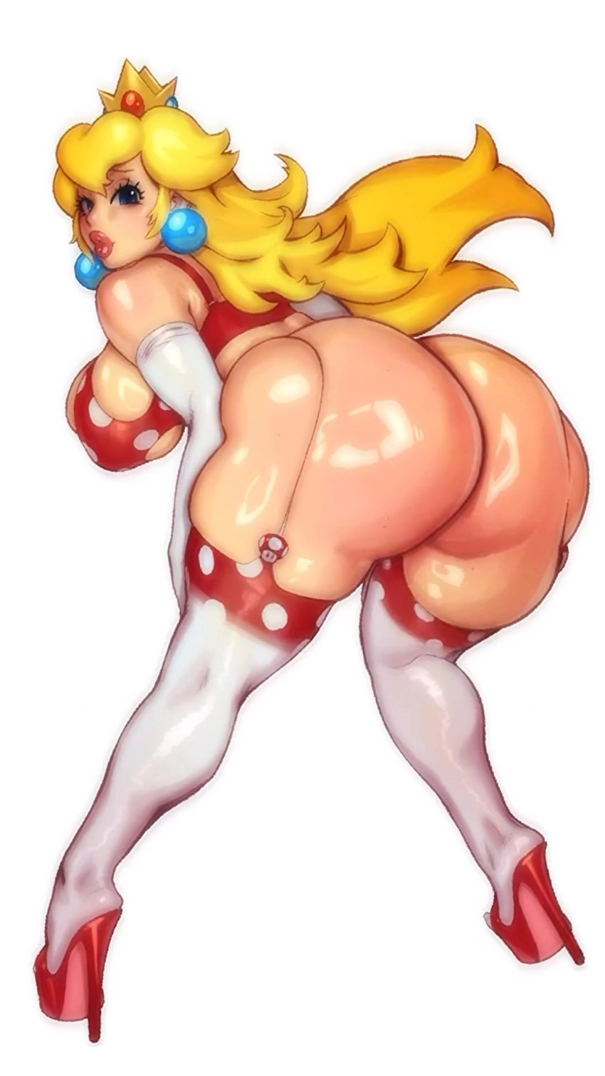 ass bent_over blonde_hair blue_eyes breasts clothing crown curvaceous earrings elbow_gloves female female_only footwear from_behind gloves headwear high_heels huge_ass huge_breasts jewelry large_ass large_breasts legwear lips lipstick long_hair looking_at_viewer looking_back makeup mario_(series) mario_bros negarobo pink_lips platform_footwear platform_heels plump princess_peach shiny shiny_skin shoes sideboob simple_background solo strap_gap super_mario_bros. thick_lips thick_thighs thigh_squeeze thighhighs thighs white_background white_gloves white_thighhighs wide_hips