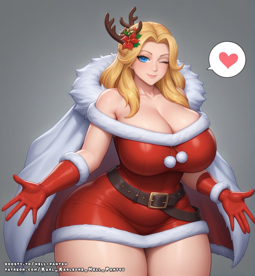 ahoge ai_generated ass big_ass big_breasts christmas christmas_outfit fat female hell-pantsu horns long_hair milf solo