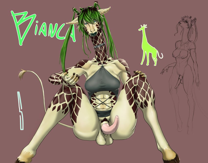 abs absurd_res anatomically_correct anatomically_correct_genitalia anatomically_correct_penis animal_genitalia animal_penis anthro balls breasts brown_spots clothing crop_top erection fur genitals giraffe giraffe_penis giraffid green_body green_fur green_hair green_lips gynomorph hair hi_res hooves intersex lips lipstick long_ears makeup mammal penis shirt sistari sitting solo spots tail topwear twintails_(hairstyle)