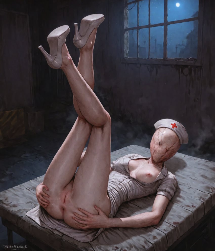 1girls ai_generated anus ass big_ass big_breasts breasts breasts_out bubble_head_nurse clothed clothing detailed_background hat legs_up monster nightmare_waifu nipples nurse_(silent_hill) nurse_hat partially_clothed pussy silent_hill