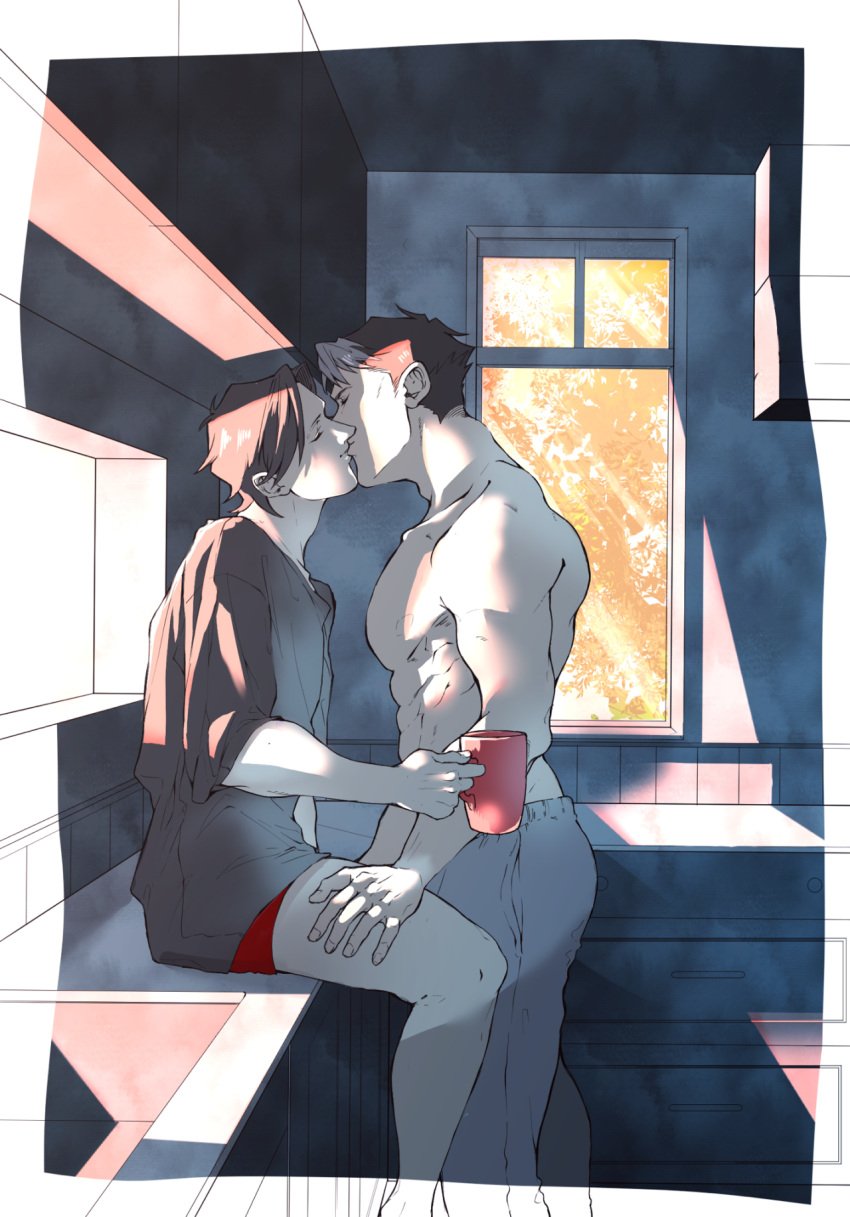 2boys batman_(series) buff coffee_mug dc dc_comics hand_on_thigh jason_todd kissing kitchen kitchen_counter making_out male male/male morning morning_after muscular muscular_male red_hood_(dc) red_robin shirtless shirtless_male tim_drake yaoi