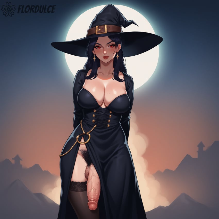 1futa ai_generated ball_hair balls black_hair cleavage erect_penis erection flordulce futa_only futanari hairy_balls hairy_testicles long_hair moon outdoors penis pubic_hair red_eyes seductive seductive_look seductive_smile standing testicles witch witch_costume witch_hat