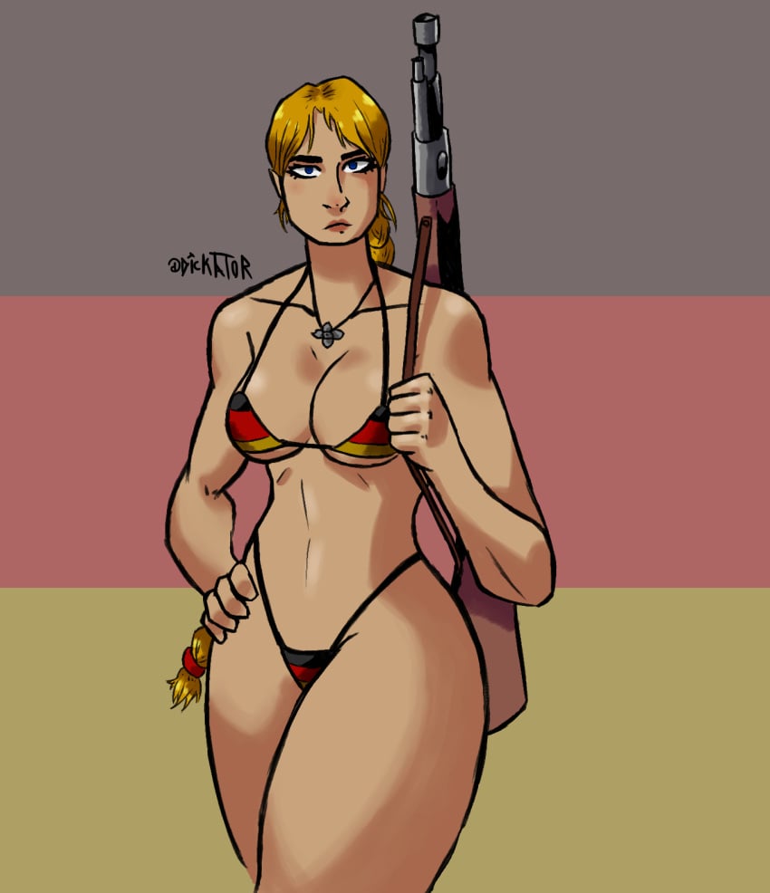 bikini blonde_female blonde_hair blue_eyes dicktator66 fanart flag_bikini german german_flag gun non_nude serious_look