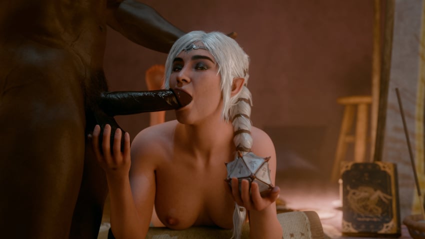 1girl1boy 3d arcasad baldur's_gate baldur's_gate_3 blowjob breasts dark-skinned_male dark_penis dark_skin elf elf_female female green_eyes holding_object indoors interracial laying_down light-skinned_female light_skin looking_at_viewer male male/female night nipples self_upload sex shadowheart sucking sucking_penis testicle_grab white_hair