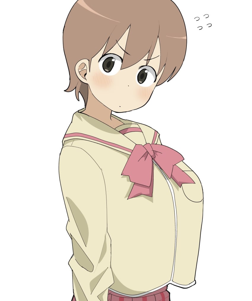 1girls aioi_yuuko breasts brown_eyes brown_hair closed_mouth clothed henyaan_(oreizm) huge_breasts nichijou red_ribbon red_skirt ribbon school_uniform schoolgirl short_hair skirt solo