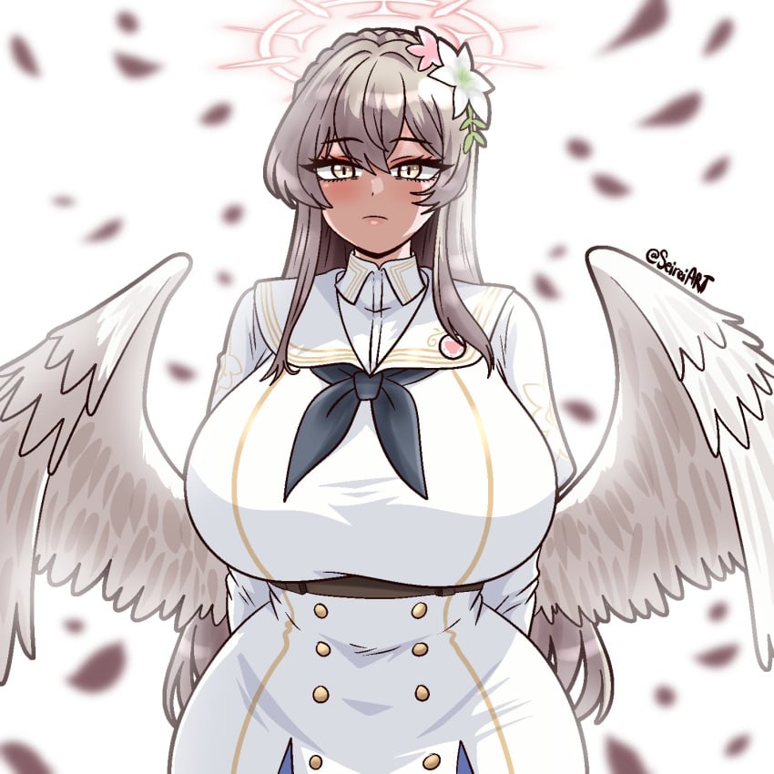 1girls angel_wings artist_name artist_signature big_breasts blue_archive blush breasts brown_hair dress eyebrows eyebrows_visible_through_hair eyelashes female female_only flower flower_in_hair hair_between_eyes hair_ornament halo huge_breasts long_hair looking_at_viewer nagisa_(blue_archive) neutral_expression seireiart solo wide_hips wings