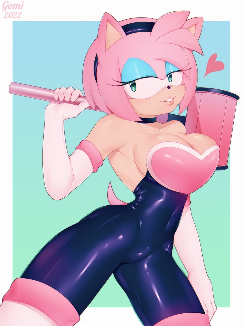 amy_rose bodysuit breasts gomicake hedgehog_girl neckline rouge_the_bat_(cosplay) seductive spandex_suit