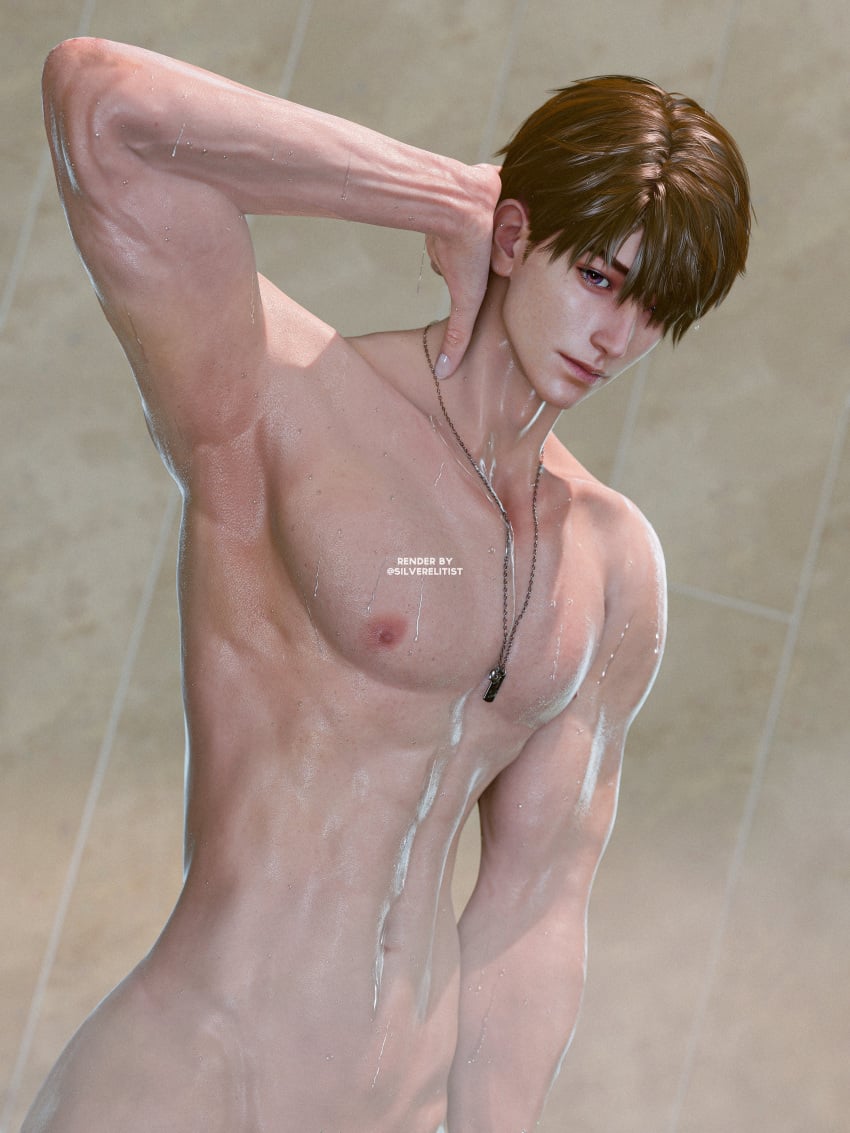 1boy 3d abs caleb_(love_and_deep_space) hands_behind_head love_and_deep_space muscles muscular_male shower silverelitist soap solo steam wet