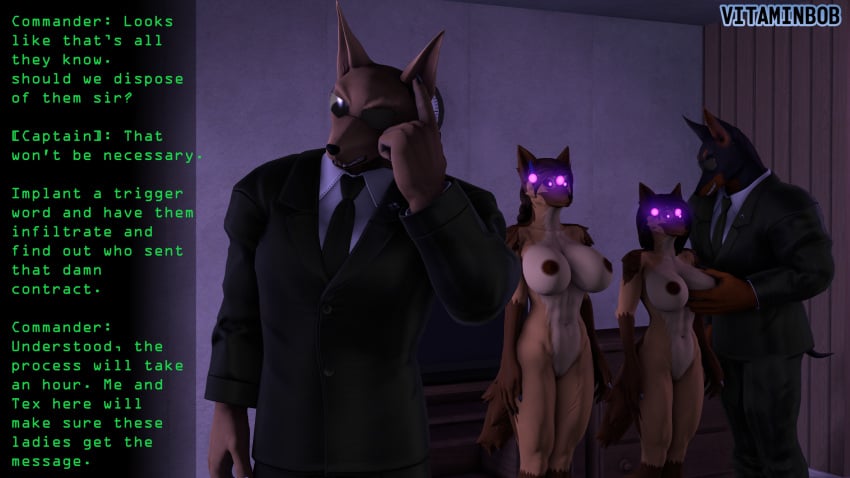 16:9 2024 3d agent anthro big_breasts black_clothing black_necktie black_suit breast_grab breasts canid canine canis clothing daughter_(lore) dialogue digital_media_(artwork) dobermann domestic_dog drawer earpiece electronics english_text expressionless eyewear female genitals german_shepherd gloves_(marking) grope group hand_on_breast herding_dog hi_res hypnotic_device hypnotic_helmet inside male mammal markings mature_anthro mature_female mind_control mother_(lore) mother_and_child_(lore) mother_and_daughter_(lore) navel necktie night nipples nude nude_anthro nude_female parent_(lore) parent_and_child_(lore) parent_and_daughter_(lore) pastoral_dog pinscher pussy smile source_filmmaker_(artwork) standing_at_attention suit sunglasses tech_control television text text_box vitaminbob widescreen