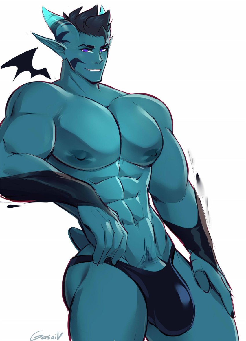 blue_skin bulge bulge_through_clothing demon demon_horns demon_wings gasaiv muscles muscular muscular_male pointy_ears