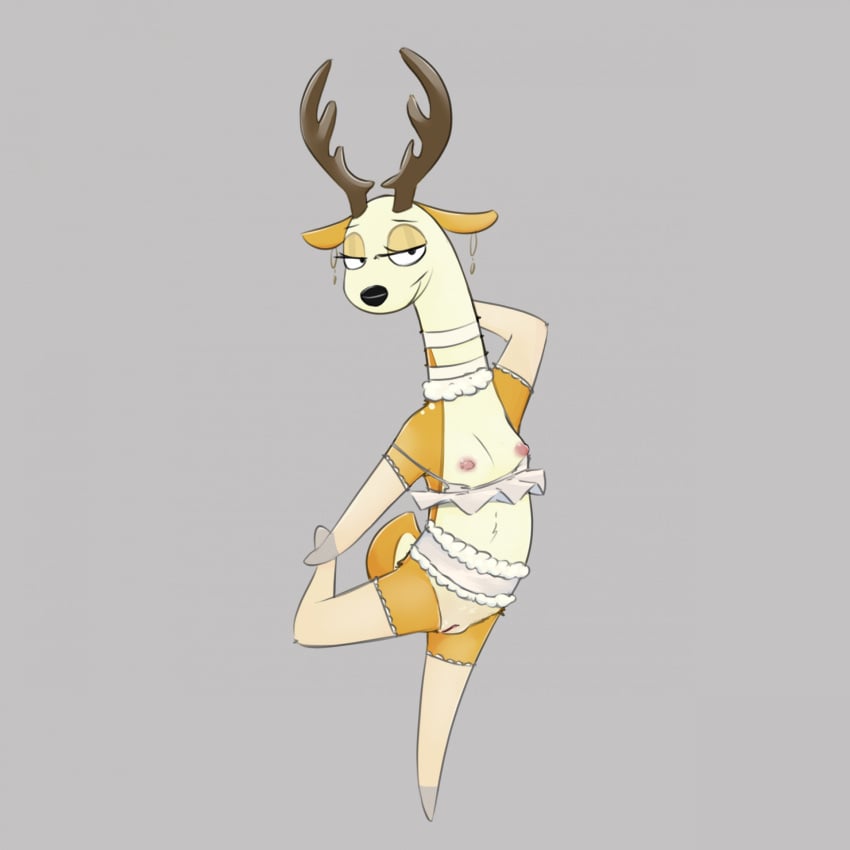 1:1 2024 anthro antlers armwear bedroom_eyes bra_down breasts clothed clothing deer disney ear_piercing elbow_gloves female full-length_portrait fur furry genitals gloves grey_background handwear hi_res horn kiff_(series) legwear long_neck looking_at_viewer mammal miss_deer_teacher narrowed_eyes nipples noodlestoat on_one_leg partially_clothed piercing portrait pussy seductive simple_background small_breasts smile solo standing stockings tan_body tan_fur thigh_highs