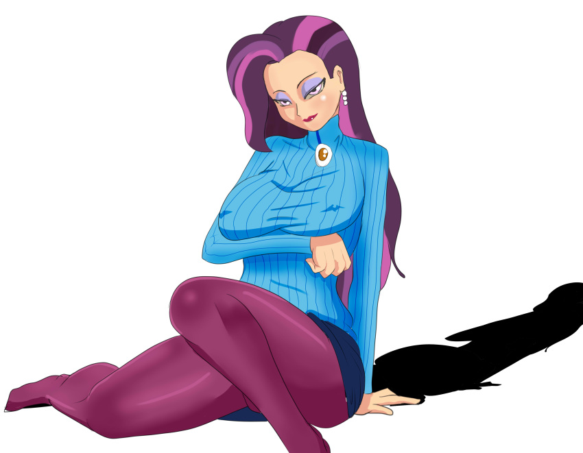 1girls absurd_res barskavil big_breasts breasts clothed covered_nipples earrings equestria_girls erect_nipples female friendship_games friendship_is_magic hair hasbro human jewelry large_breasts lipstick long_hair mature mature_female my_little_pony pantyhose pendant posing principal_cinch purple_hair shadow skirt solo suggestive sweater white_background