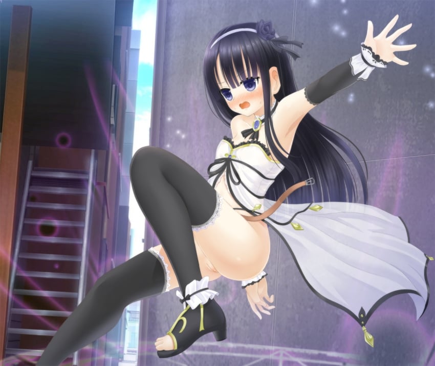 alley ankle_garter asymmetrical_bangs babydoll black_hair black_sleeves black_thighhighs blue_eyes blue_gem blunt_bangs blush bottomless breasts brooch building character_request choker choppy_bangs cleft_of_venus copyright_request day detached_sleeves ear_blush embarrassed exhibitionism female flower foot_out_of_frame frilled_choker frills game_cg gem gold_trim gradient_hair hair_flower hair_ornament hairband high_heel_sandals jewelry knee_up lace-trimmed_sleeves lace-trimmed_thighhighs lace_trim long_hair luna_lily magical_girl midair multicolored_hair naked_magical_girl nanamiya_runa nipples non-web_source nose_blush nude official_art open_hand open_mouth outdoors outstretched_arm public_indecency pussy sandals shitou_(4h) sidelocks small_breasts solo straight_hair strapless thighhighs v-shaped_eyebrows white_babydoll wrist_cuffs