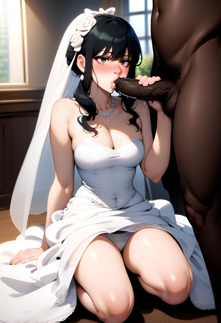 ai_generated bridal_lingerie bridal_veil bride clothed_female_nude_male cock_worship dark-skinned_male dark_hair fellatio holding_penis interracial kissing_penis kneeling light-skinned_female sucking_penis upskirt veiny_penis wedding_dress wedding_lingerie wedding_veil white_panties