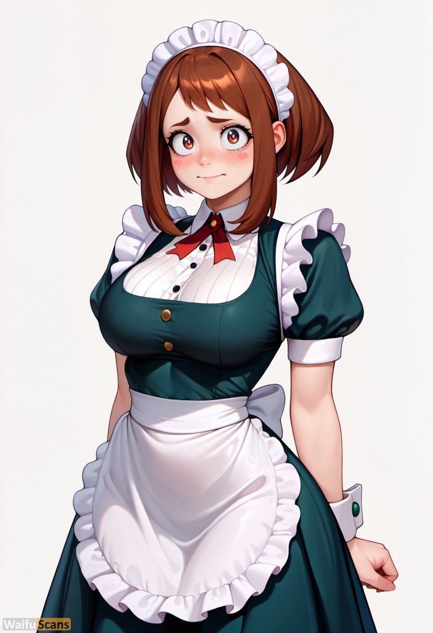 ai_generated alternate_costume apron artist_name bangs blush breasts brown_eyes brown_hair buttons closed_mouth dress enmaided female frills high_resolution highres large_breasts looking_at_viewer maid maid_apron maid_headdress my_hero_academia neck_ribbon puffy_short_sleeves puffy_sleeves red_ribbon ribbon short_hair short_sleeves sidelocks simple_background solo stable_diffusion uraraka_ochako waifuscans418 waist_apron white_apron white_background wrist_cuffs