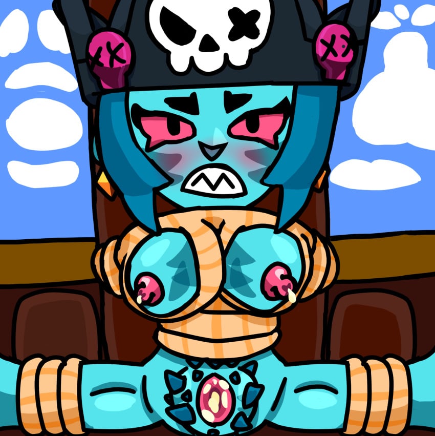 bibi_(brawl_stars) blue_body brawl_stars cum_in_pussy cursed_pirate_bibi fully_nude milking_breasts open_legs pirate pirate_hat pussy_hair tied_arms tied_legs