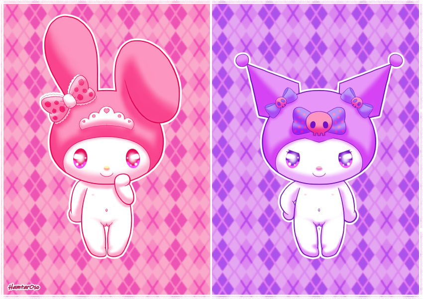 absurd_res anthro artist_name ass bow_accessory bow_ribbon butt_from_the_front crown duo female female_anthro genitals hamtaroso headgear hi_res kuromi lagomorph leporid mammal my_melody navel nipples nude onegai_my_melody pattern_background pink_bow purple_bow pussy rabbit sanrio simple_background sparkles sparkling_eyes tiara white_body