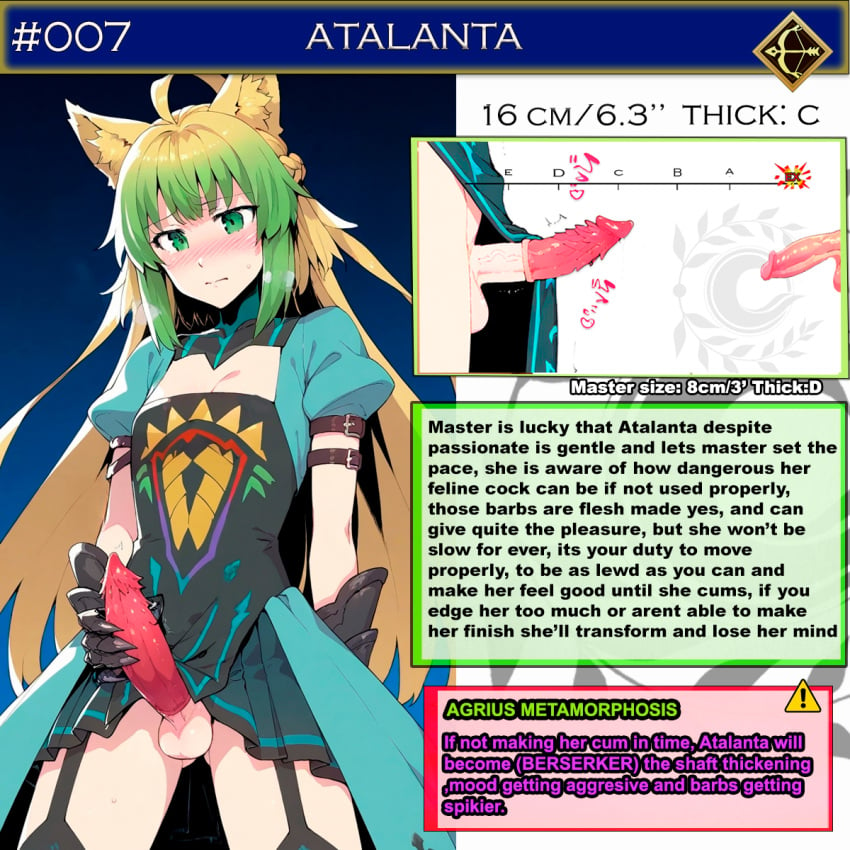 ai_generated animal_genitalia atalanta_(fate) blonde_hair cat_ears character_sheet clothed english_text fate/grand_order fate_(series) feline_humanoid feline_penis futa_only futanari green_hair penis_chart size_difference size_talk text uncensored