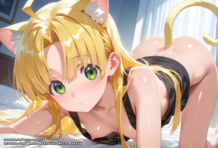 ahoge ai_generated asia_argento blonde_hair female green_eyes hell-pantsu high_school_dxd long_hair nipples school_uniform small_breasts solo