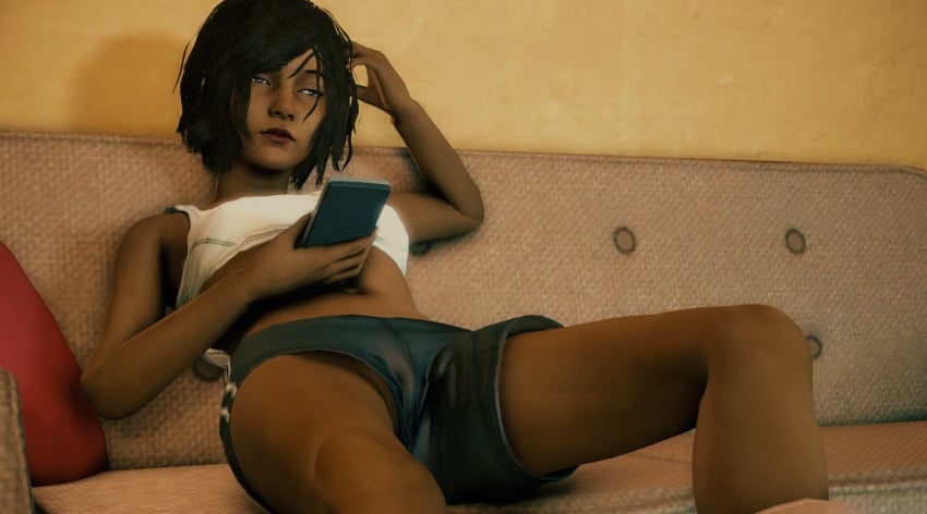 1girls 3d 3d_model 3d_render black_hair brown_eyes cellphone clementine_(the_walking_dead) clothed clothing couch crop_top dark-skinned_female dark_skin female female_focus female_only holding_cellphone kawaiidetectiveenthusiast medium_hair navel screenshot shorts solo solo_female solo_focus teenage_girl teenager the_walking_dead the_walking_dead:_a_new_frontier the_walking_dead_game thighs