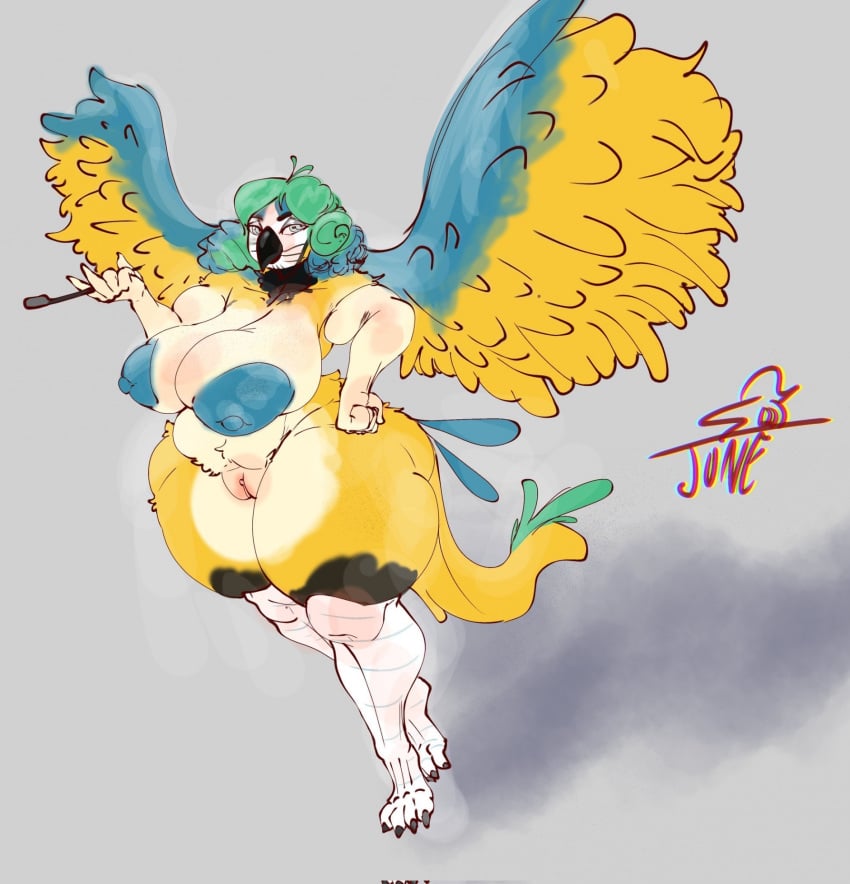 anthro ass avian barwa_(breakstep) big_breasts big_butt bird blush body_blush breasts cigarette_holder curvy_figure feet female genitals green_hair hair hi_res huge_breasts inverted_nipples june_belie looking_at_viewer macaw mature_female multicolored_body neotropical_parrot nipples parrot plump_labia pussy pussy_blush solo spread_wings standing talons thick_thighs toes true_parrot voluptuous wings