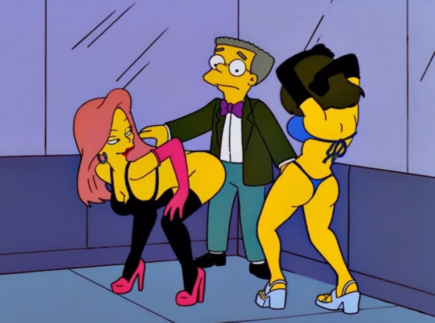 20th_century_fox 20th_century_studios 2girls1boy ass gay_male gay_with_woman glasses good_quality high_quality sexual_harassment strippers the_simpsons thong twerking waylon_smithers yellow_skin