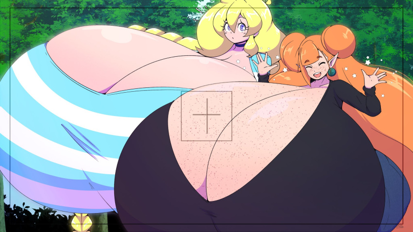 2girls camera_view cassie_(theycallhimcake) huge_ass hyper_breasts looking_at_viewer purpleguyri riley_moore_(artist) rilli_oshina tagme thick_thighs