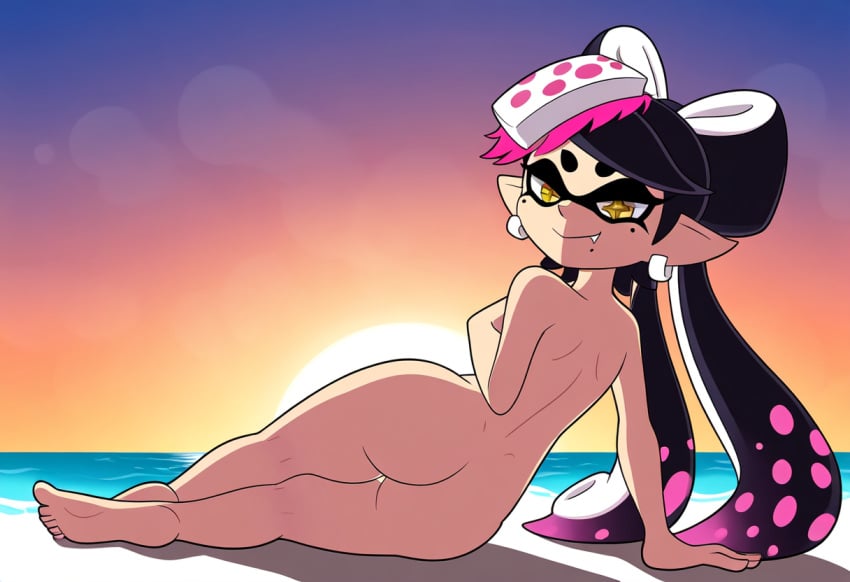 ai_generated ass_focus beach callie_(splatoon) novelai nude smiling_at_viewer splatoon splatoon_(series) sunset