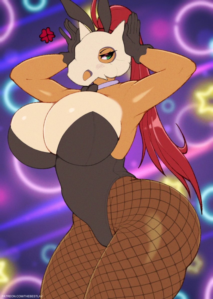 2023 angry angry_expression arms_up big_breasts breasts bunny_ears bunnysuit cleavage cubone female female_only fishnets green_eyes hands_on_head huge_breasts l-a-v long_hair nintendo orange_body orange_skin pokemon pokemon_(species) purple_background red_hair skull tan_body tan_skin thick_thighs thighs wide_hips